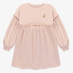 F23C3002C-100_F2_b5f4e637-72c0-4226-b40a-02c7b36121e2.jpgv1748007634 Robe rose à manches longues rose en coton français et mousseline, enfant