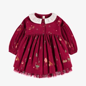 F24L8001L_F_8d092efe-b62a-469b-a570-d9ec7fd466ed.jpgv1747923709 Robe cache-couche rouge à motifs des fêtes avec un col Claudine, naissance