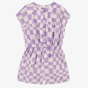 Combishort mauve et crème à carreaux et motifs, enfant