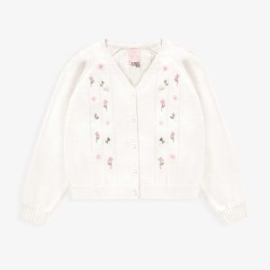 Cardigan blanc en tricot avec détails ajourés et fleurs crochetées, enfant
