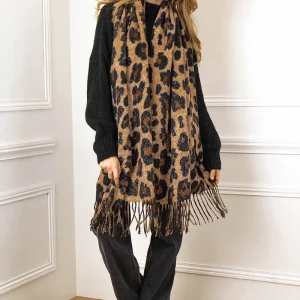 Echarpe à frange imprimé animal léopard beige